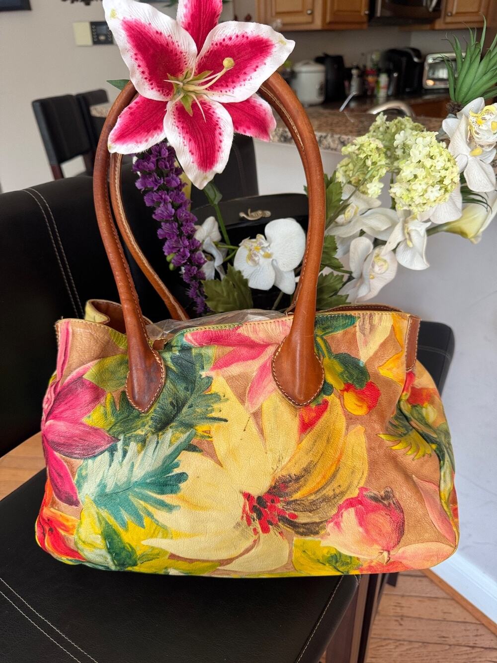 Vtg Maurizio Taiuti Italian Leather Hand-Painted Tote Bag Floral Italy Overnight